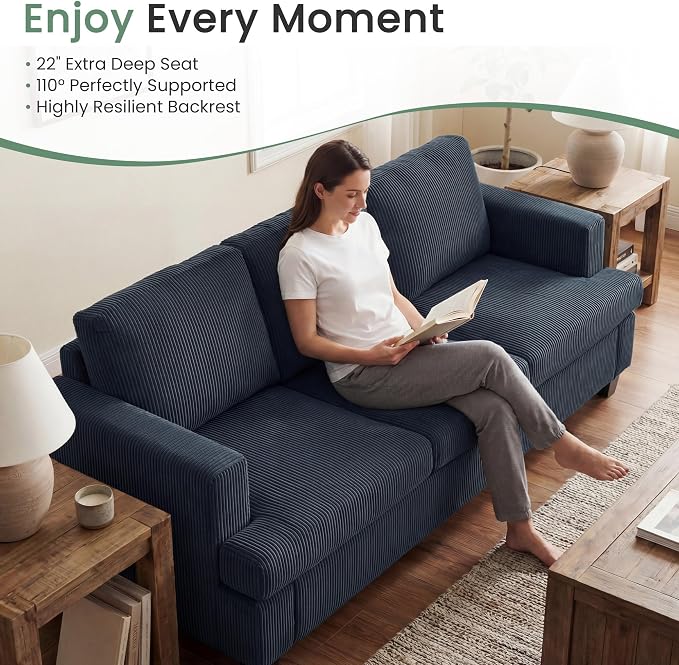 YOUDENOVA Sofa, 3 Piece Set Comfy Sofa, Loveseat & 2 3-Seater Couch with Deep Seats for Living Room, Modern Sleeper Couch, Blue Corduroy