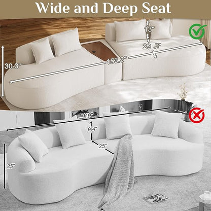 153.3" Oversized Curved Sectional Sofa, Luxury Chenille Cloud Couch for Living Room, Large Modern Modular Deep Seat Sofa with Movable Coffee Table & USB, No Assembly Needed, Beige White