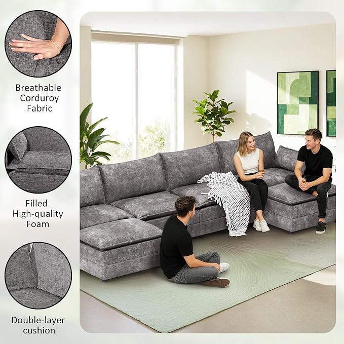 LEVELEVE 147" U-Shape Modular Sofa with 2 Ottomans, Deep Seat Cloud Convertible Sleeper, 2 Arm Pillows, Cozy Large Upholstered Furniture for Living Room Apartment, Dark Grey