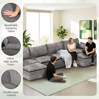 LEVELEVE 147" U-Shape Modular Sofa with 2 Ottomans, Deep Seat Cloud Convertible Sleeper, 2 Arm Pillows, Cozy Large Upholstered Furniture for Living Room Apartment, Dark Grey