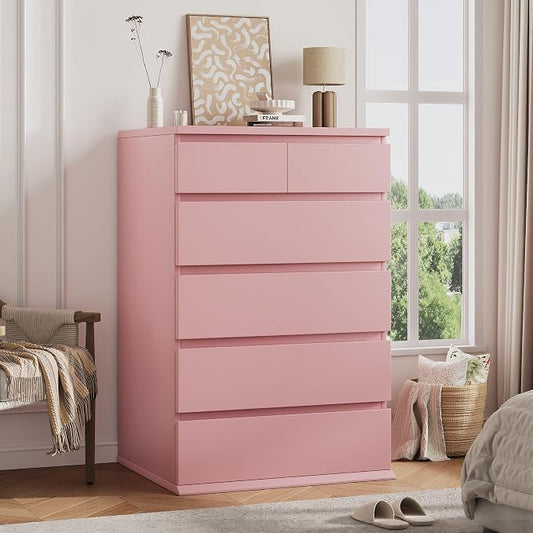 Jocoevol Pink Tall 6 Drawer Dresser for Bedroom,Dressers & Chests of Drawers with Jewelry Storage,Wood Storage Dresser with Deep Drawers for Living Room Hallway Entryway(40.75" L*23.62" W*15.75")