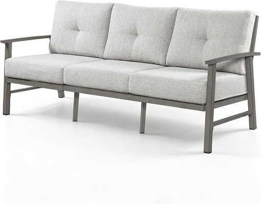 3 Seats Patio Furniture Sofa, Outdoor Aluminum Couch with 5.9'' Soft Cushion, 3-Seater All-Weather Outdoor Patio Furniture Sofa Couch for Balcony, Poolside, Lawn, Limed Oak