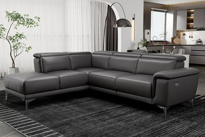 Valencia Pista 113" Cloudy Grey Full Leather Reclining Sectional Sofa with Left Hand Chaise | Power Recliner Chair, Nappa 11000 Leather | L Shaped Couch for Living Room Furniture