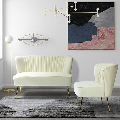 TINA'S HOME Contemporary Velvet Loveseat Sofa, Upholstered Loveseat Couch with Golden Metal Legs, Small Tufted 2-Seat Sofa Armless Love Seat for Living Room, Bedroom, Apartment Small Spaces, Ivory