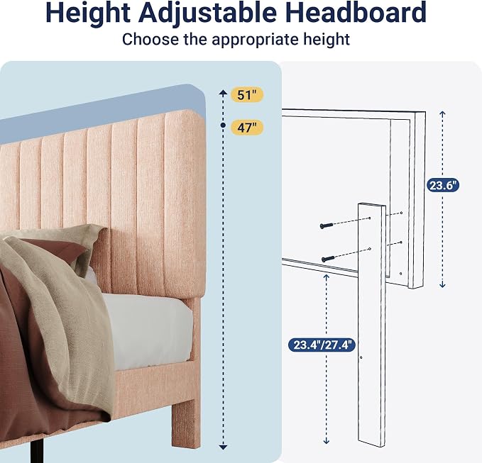 Allewie Queen Bed Frame, Upholstered Platform Bed with Adjustable Vertical Channel Tufted Headboard, Mattress Foundation with Strong Wooden Slats, Box Spring Optional, Easy Assembly, Chenille Pink