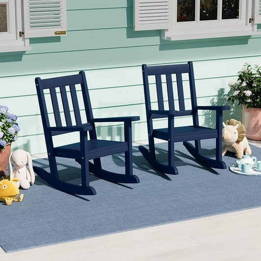 Costaelm Paradise Kids Outdoor Preschool HDPE Plastic Rocking Chair (Set of 2), Navy Blue