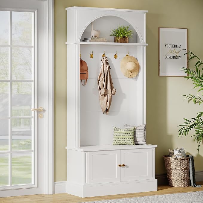 Tribesigns Hall Tree with Bench and Shoe Storage, 4-in-1 Design Entryway Bench with Coat Rack, 70.86" Tall Mudroom Rack with 5 Double Hooks and Adjustable Shelf for Hallway (White)