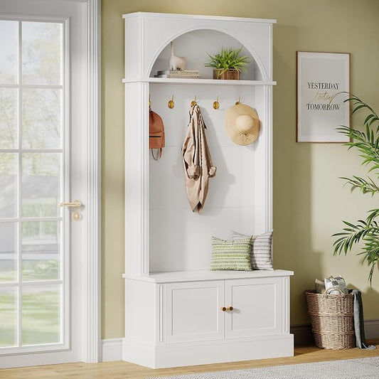 Tribesigns Hall Tree with Bench and Shoe Storage, 4-in-1 Design Entryway Bench with Coat Rack, 70.86" Tall Mudroom Rack with 5 Double Hooks and Adjustable Shelf for Hallway (White)