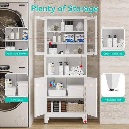 69" Tall Pantry Cabinet with Open Shelf,13.78“Deep By 28" Wide Storage Cabinet with Glass Doors and Adjustable Shelves,Microwave Stand,for Kitchen Dining Room Bathroom,White,1Pc