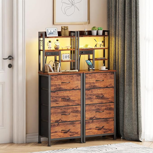 Furnulem Tall Night Stand, LED Nightstand with Charging Station and USB Ports, 4 Fabric Drawers and 4 Tier Storage Shelf, Bedside Table for Bedroom, Home, Dorm, Office (Rustic Brown)