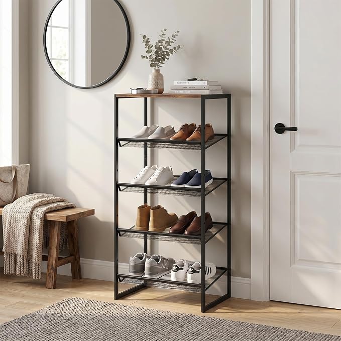 Shoe Rack for Entryway,，5 Tier Shoe Storage Organizer，Sturdy Shoe Shelf,Boot Rack with a Fine Mesh Shelves，for Living Room, Hallway，Small Space,11.8 x 16.5 x 27.9 Inches,Brown