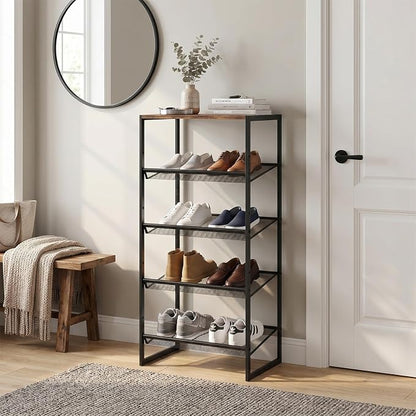 Shoe Rack for Entryway,，5 Tier Shoe Storage Organizer，Sturdy Shoe Shelf,Boot Rack with a Fine Mesh Shelves，for Living Room, Hallway，Small Space,11.8 x 16.5 x 27.9 Inches,Brown
