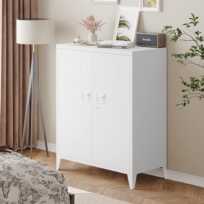 Metal Storage Cabinet with Lock, Locking Cabinets Office Storage Caninet with 2 Doors and Shelves, Lockable Steel Locker Floor Caninets Cupboard, Small Sideboard Buffet Cabnet for Home Office