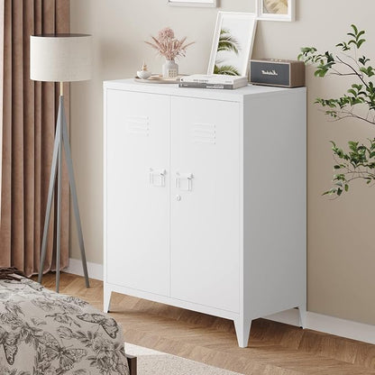 Metal Storage Cabinet with Lock, Locking Cabinets Office Storage Caninet with 2 Doors and Shelves, Lockable Steel Locker Floor Caninets Cupboard, Small Sideboard Buffet Cabnet for Home Office