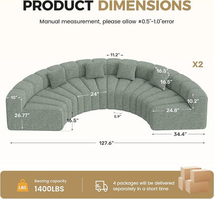 Oversized Curved Sofa, 8 Seater Modular Velvet Cloud Couch, Modern Boneless Sectional Couches for Living Room, No Assembly Required, Light Green 1PC