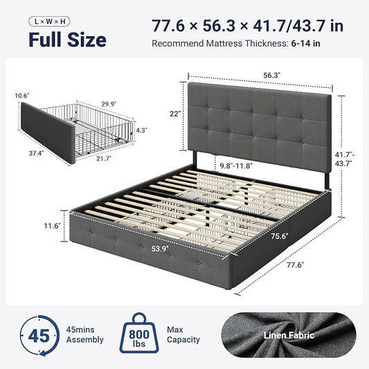 Allewie Upholstered Full Size Platform Bed Frame with 4 Storage Drawers and Headboard, Square Stitched Button Tufted, Mattress Foundation with Wooden Slats Support, No Box Spring Needed, Light Grey