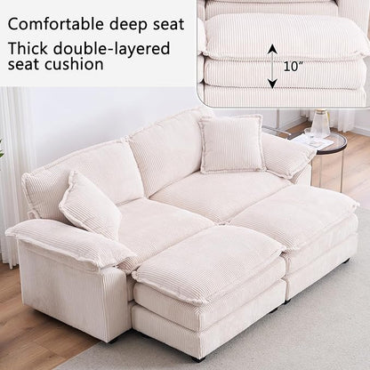 84.6” Corduroy Loveseat with Ottoman, Oversized Double Chaise Lounge Chair Indoor Deep Seat Two Seater Couch Cloud Couch Modular Sectional Sofa for Living Room(Corduroy White)