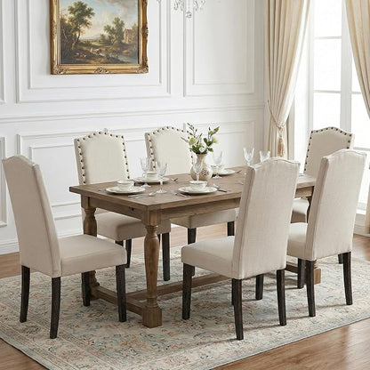 LSSBOUGHT Dining Chair Upholstered Parsons Kitchen Chair with Copper Nails and Solid Wood Legs (Beige-Fabric, Set of 6)