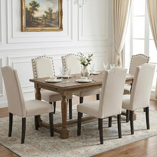 LSSBOUGHT Dining Chair Upholstered Parsons Kitchen Chair with Copper Nails and Solid Wood Legs (Beige-Fabric, Set of 6)