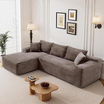 95" L Shaped Boneless Sectional Couches, Wide Armrest, Deep Seat, Memory Foam, Assembly Free, Modern Comfy Corduroy Fluffy Cloud Sofa with Left Chaise for Living Room, Small Spaces, Brown