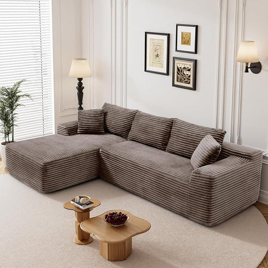 95" L Shaped Boneless Sectional Couches, Wide Armrest, Deep Seat, Memory Foam, Assembly Free, Modern Comfy Corduroy Fluffy Cloud Sofa with Left Chaise for Living Room, Small Spaces, Brown