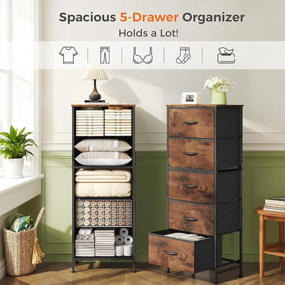 DUMOS Nightstand with 5 Drawers, Bedside Table with Removable Fabric Bins, Sturdy Steel Frame Wood Top Skinny Dresser for Bedroom Nursery Closet Living Room, Rustic Brown