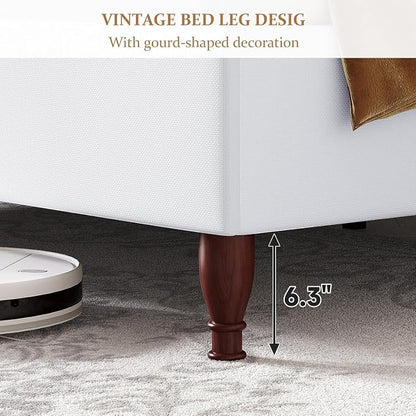 koorlian Queen Size Bed Frame with 51" Tall Headboard, Fully Upholstered Platform Bed Frame with with Soft Fabric, Sleigh Wingback, Solid Wood Retro Legs, Modern Minimalist Style, Easy Assembly, White