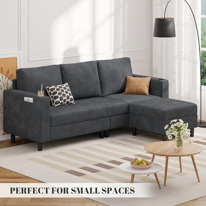 Luxanimarion Upholstered Sectional Sofa and Couches, 78'' L Shaped 3-seat Sofa forLiving Room, Apartment,Lounge,Bedroom-Washable Covers Convertible Sofas(Corduroy Fabric,Dark Gary)