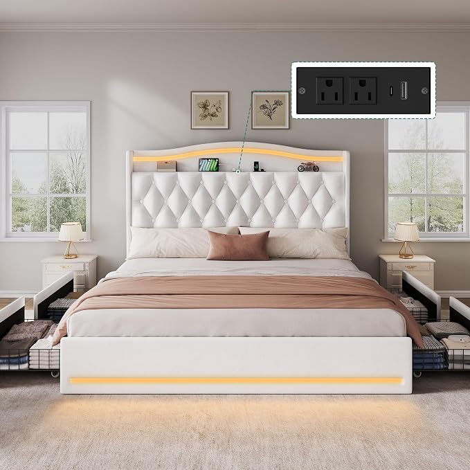 DWVO King Size Bed Frame with 4 Storage Drawers and RGB LED Lights, 57'' Tall Headboard Velvet Upholstered Bed with Charging Station, No Box Spring Needed, Easy Assembly, Noise-Free, Beige