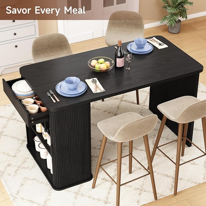 ONBRILL 61 Inch Kitchen Island with Storage, Fluted Counter Height Table, Mid-Century Modern Kitchen Island Table with Sliding Door, Home Bar Tables with Wine Rack and Drawers (Black)