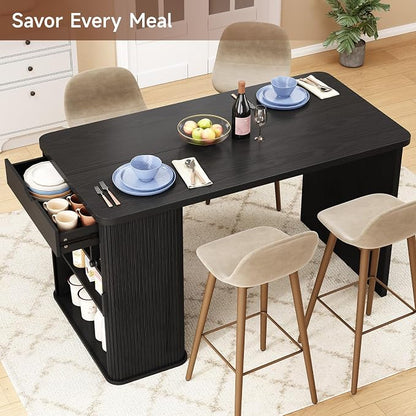 ONBRILL 61 Inch Kitchen Island with Storage, Fluted Counter Height Table, Mid-Century Modern Kitchen Island Table with Sliding Door, Home Bar Tables with Wine Rack and Drawers (Black)