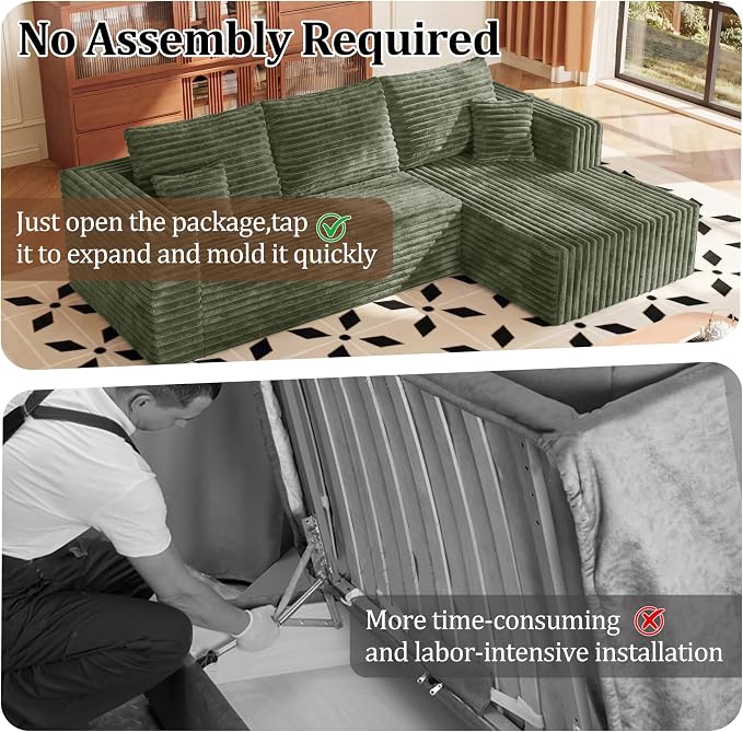 92.5" LSectional Sofa,Cloud Sectional Boneless Couches for Living Room, Couch with Deep Seat Oversized Right Facing Chaise, Memory Foam Compressed Spineless 3 Seater Sofa for Apartment