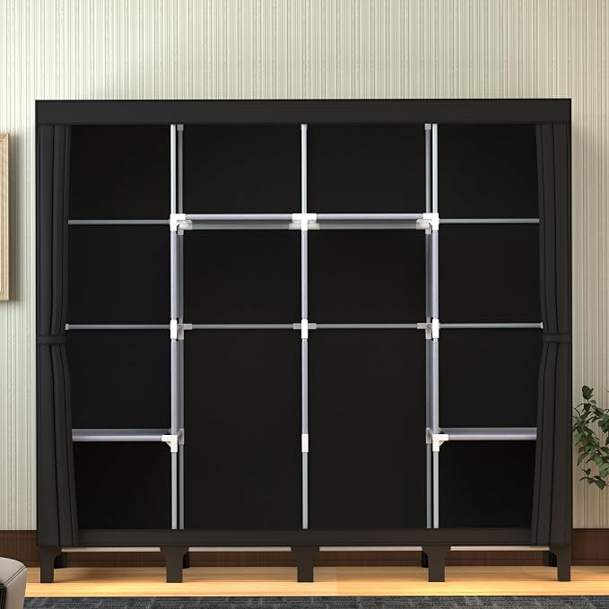 Non-Woven Wardrobe, No Tools Required, Large Capacity, Easy Assembly, Movable, Storage Rack, Waterproof, Dustproof, Stain Resistant, Black, 67.7 x 172 cm (Black, X-Large)