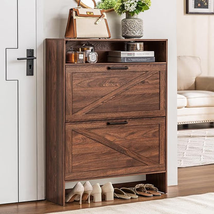 RWYHG Shoe Cabinet Storage for Entryway with 2 Flip Drawers Open Storage Layer Rack Narrow Organizer Slim Hidden Wood Shoe Cabinet Furniture Walnut