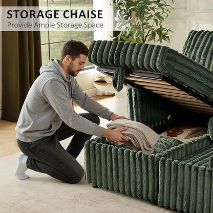 KCGKCG Sleeper Sofa Bed, 81” Pull Out Couch Bed with Reversible Storage Chaise, 3 in 1 L-Shaped Couch with Charging Station, Cup Holder, Side Pocket, Plush Corduroy Couches for Living Room(Green)