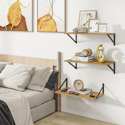 Heimlove 24" W x 12" D Wall Shelves for Books, 12 Inch Deep Floating Shelves Set of 3, Wide Floating Bookshelf with Metal Bracket for Living Room, Kitchen, Office, Bedroom and Decor Storage - Oak