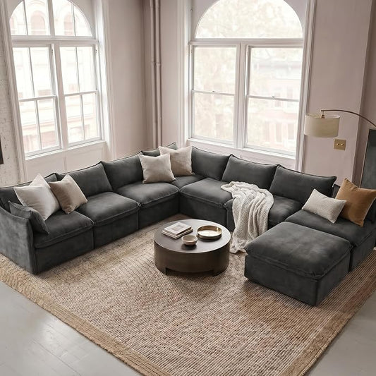 Cloud Modular Hosting Sectional, Oversized Deep Seat Comfort, Luxe Chenille | Fully Removable Washable Covers, Memory Foam Seat Cushions, Storage Ottoman, Premium Fabric