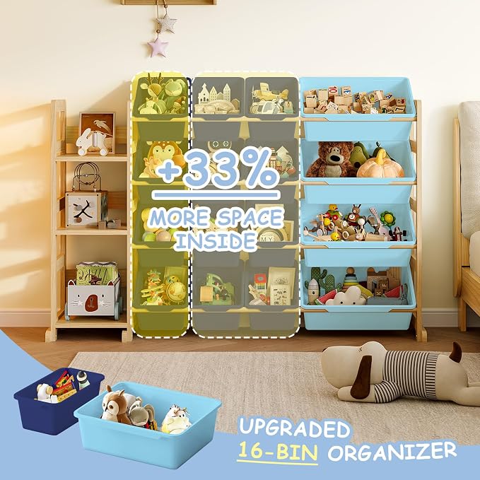 EXPERLAM Toy Storage Organizer, Toy Storage Shelf with 3 Shelves and 16 Storage Bins (12 Small + 4 Large), 3-in-1 Kids Bookshelf for Kids Rooms, Playroom, Nursery, Blue