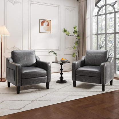 MALOL PU Leather Accent Chair Set of 2, Mid-Century Modern Living Room Armchair Sofa with Removable Cushions, Solid Wood Frame & Stitched Armrest Design, Bedroom Chair with Plastic Legs, Black