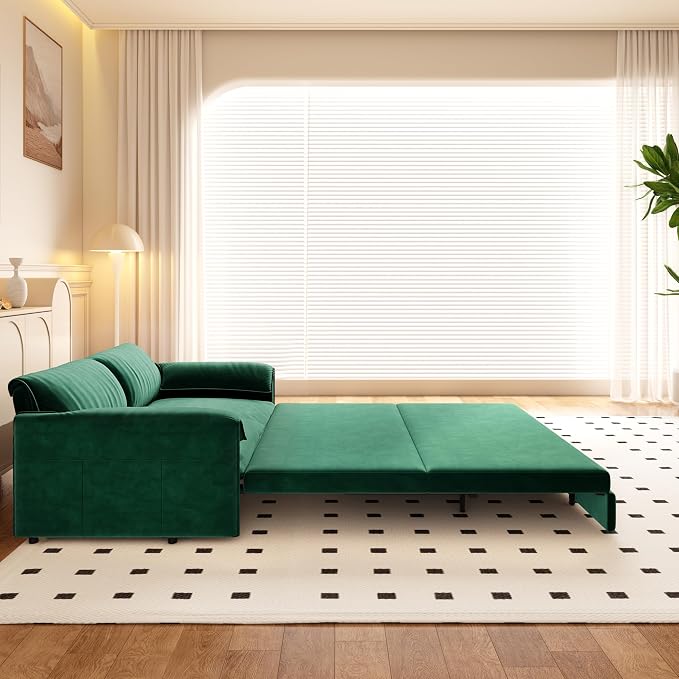 66" Sleeper Sofa Bed Queen Size, 3-in-1 Convertible Couch, Modern Pull Out Couches, Comfy Velvet Futon Sofa, Cloud Loveseat Lounge, Pillow Arm, for Small Spaces, Living Room, Apartment, Green