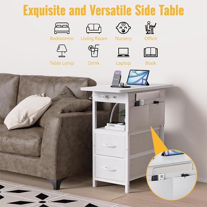 Yenlure Small Side Table with Charging Station, Narrow Nightstand Bedside Tables with Storage Pocket for Living Room Bedroom, Sofa End Table with USB Ports and Power Outlets for Small Spaces