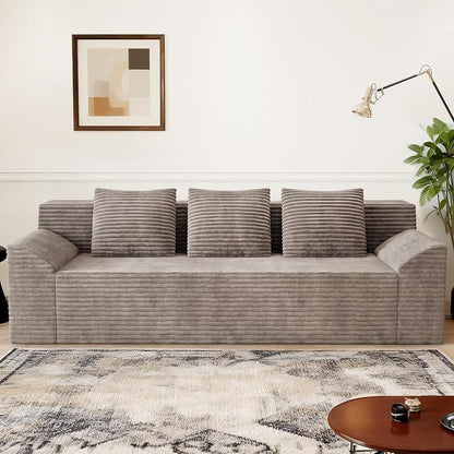 71" Corduroy Living Room Sofa, 3 Setaser Deep Seat Couch with 3 Lumbar Pillows, Comfy Boneless Sofa Modern Compressed Couch for Bedroom, Office, Apartment, No Assembly, Curved Armrests (Camel)