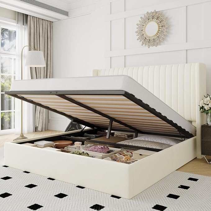 Allewie Queen Size Lift Up Storage Bed Frame, Hydraulic Support System, Upholstered Platform Bed Frame, Underneath Storage, Vertical Channel Tufted Headboard with Wingback, No Box Spring Needed, Cream