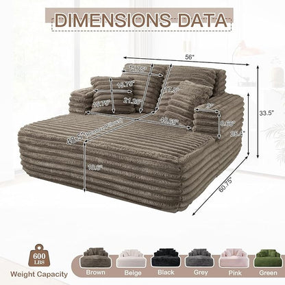 JEEOHEY 56" Oversized Chaise Lounge Chair Indoor,Plush Faux Fur Sleeper Sofa Couch Bed with Pillows&Wide Armrests,Fluffy Comfy Cloud Couch,Compression Foam Couch for Living Room,Bedroom(Brown)