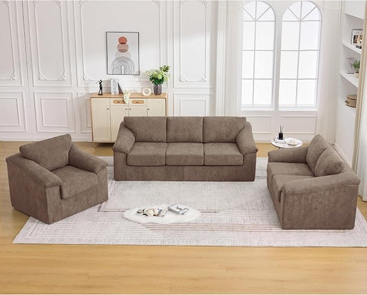 Oversized Boneless Couch Sets, Modern 3 Seater Sofa, Loveseat Sofa with Accent Sofa Chair, Floor Cloud Couch Sets with Extra Comfy Soft Deep Seats for Living Room, No Assemby, Set of 3, Brown