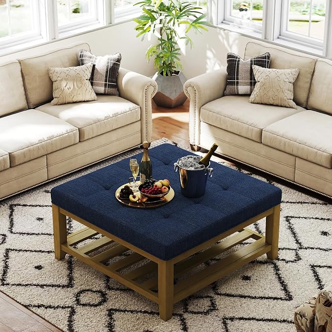 Befurtori Large Square Ottoman Coffee Table, Linen Solid Upholstered Footrest Ottoman with Solid Wood Shelf Storage Tufted Coffee Table for Bedroom Living Room, Navy Blue