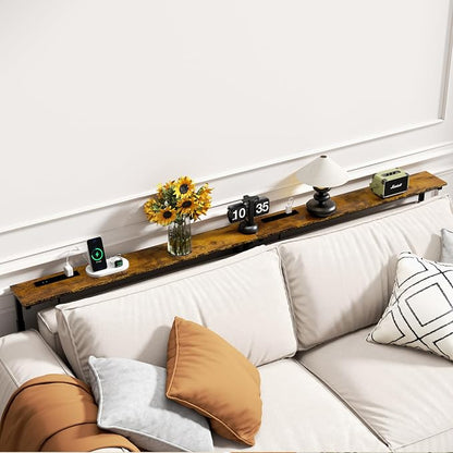 GRLEAF 2 Pack Adjustable Height Narrow Console Table with Power Outlets, 90" Long Sofa Table with Charging Station Behind Couch Table Entryway Table for Living Room and Hallway – Rustic Brown