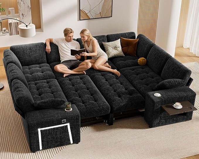 Vipbear 111" Modular Sectional Sleeper Sofa with Pull Out Bed, 8 Seat Chenille U Shaped Couch with 2 Pull-Out Beds|USB Ports|Cup Holders|Side Table|LED Light, Tool Free Assembly, Black