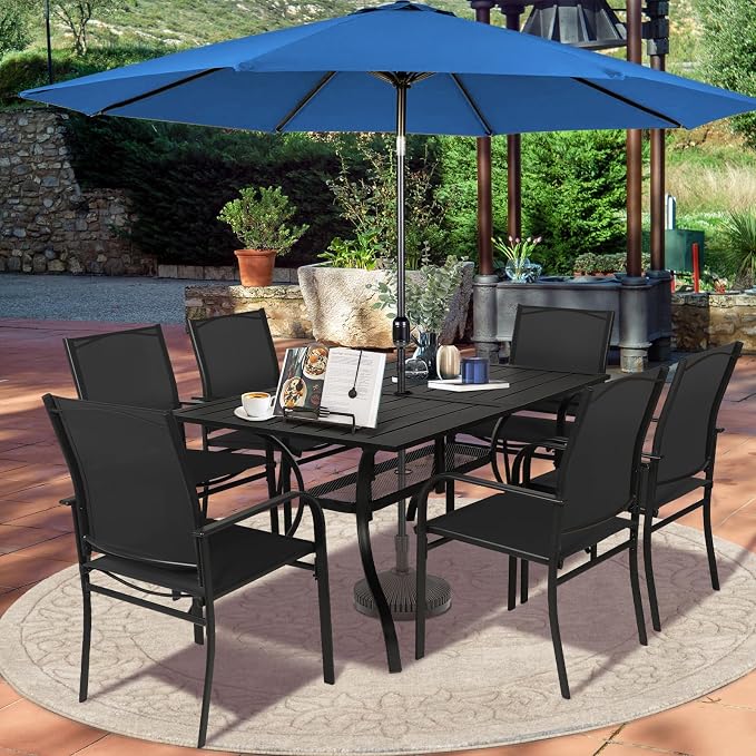 SUNCROWN 8 - Piece Outdoor Dining Set, Patio Furniture Set with 6 Textilene Dinning Chairs, 1 Rectangle Metal Table and 1 Dark Blue 9Ft Patio Umbrella for Lawn Garden Backyard Deck, Black