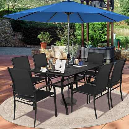 SUNCROWN 8 - Piece Outdoor Dining Set, Patio Furniture Set with 6 Textilene Dinning Chairs, 1 Rectangle Metal Table and 1 Dark Blue 9Ft Patio Umbrella for Lawn Garden Backyard Deck, Black